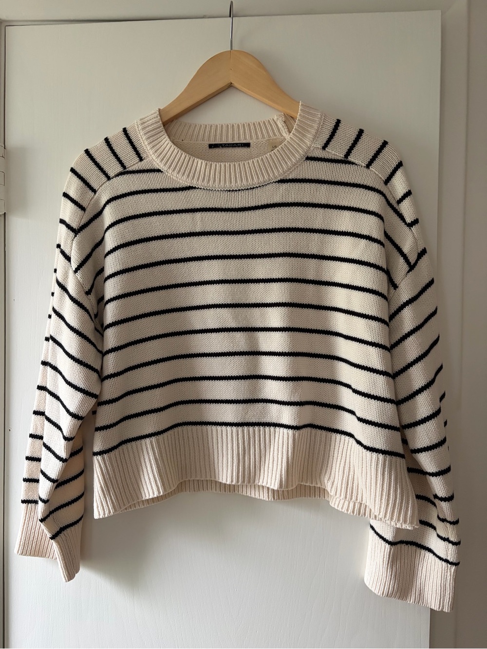 Tahari Cream and Black Striped Crewneck Sweater